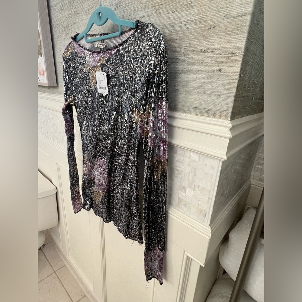 NWT new XS free people Gold Rush Floral Sequin Long Sleeve Top black purple - Picture 7 of 15